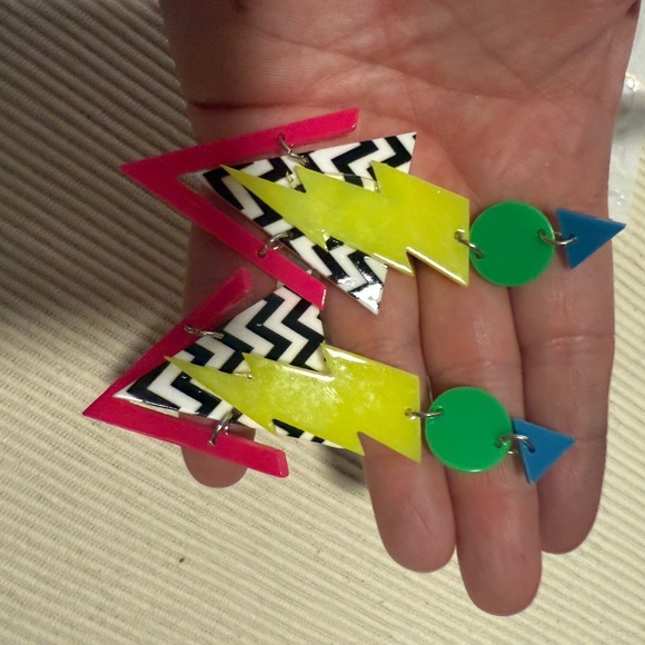 80’s Inspired Colorful Geometric Lightning Bolt Earrings - Picture 4 of 4